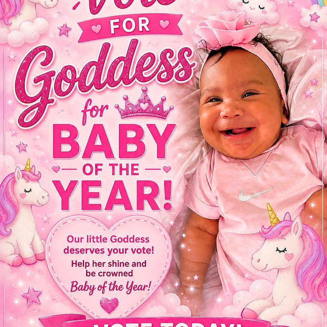 Goddess is registered to the contest to win money with this photo: baby, child, smiling, pink_clothing, headband, unicorn, rainbow, stars, sparkles, text_overlay, advertisement, cute, portrait, happy, infant, banner, heart, clouds, ribbon, campaign