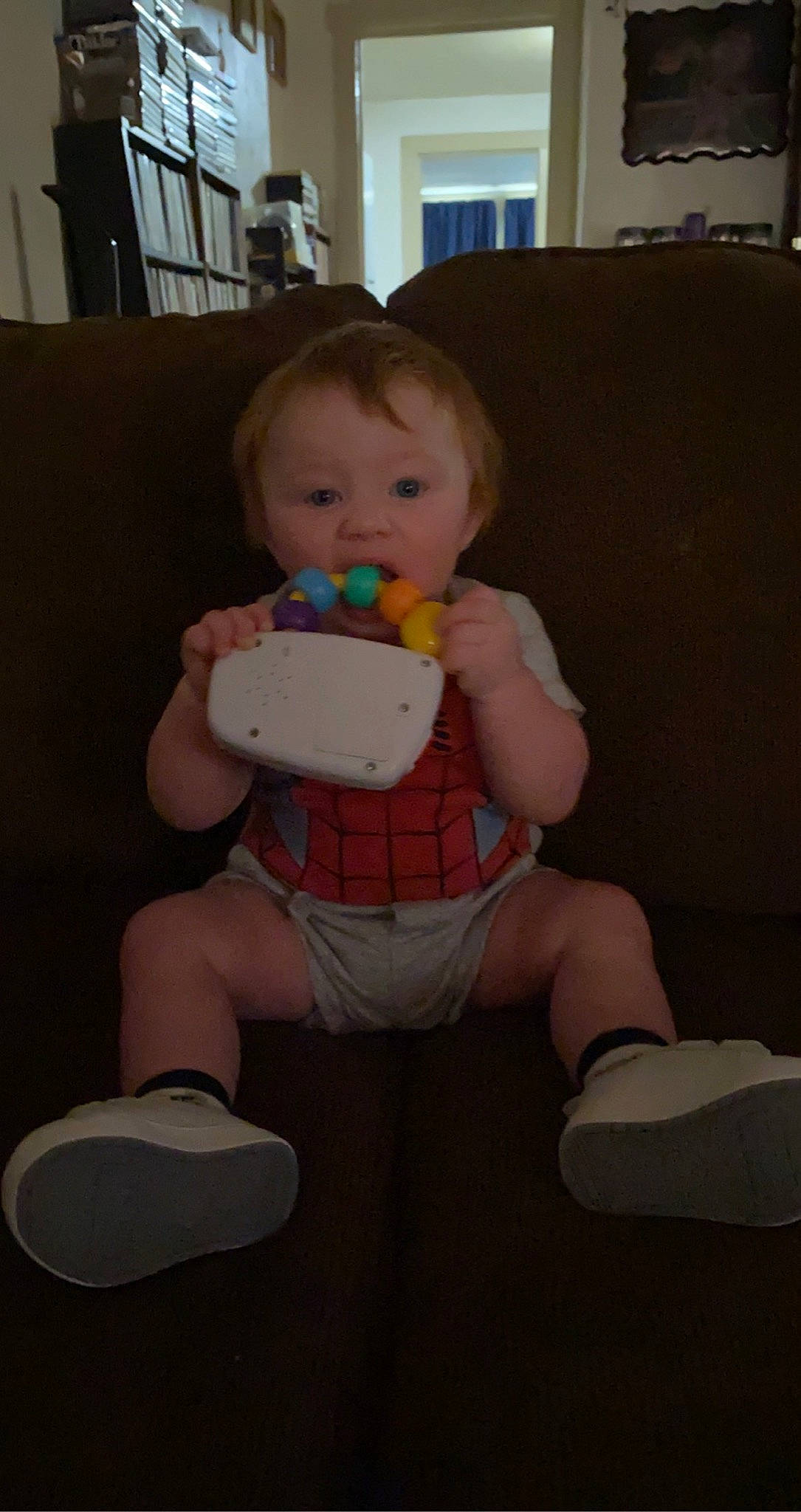 Noah joined the competition — help win amazing prizes! baby, baby_toddler_clothing, chair, cheek, child, comfort, couch, eye, face, head, joint, lap, leg, person, picture_frame, room, sitting, surprise, thigh, toddler