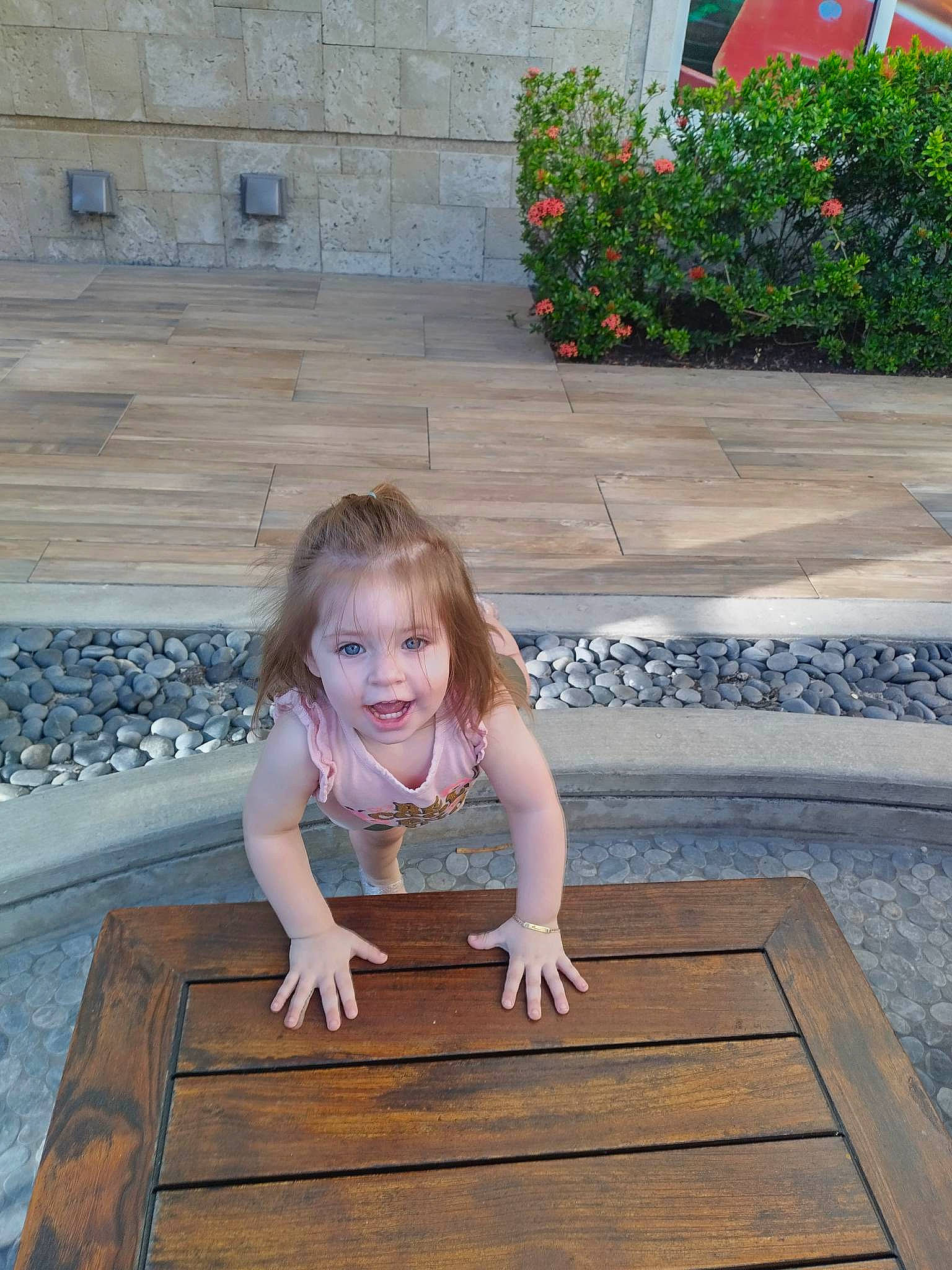 Ariasky is registered to the contest to win money with this photo: dress, eye, floor, flooring, fun, grass, happy, hardwood, leaf, leisure, people_in_nature, person, plank, plant, smile, table, toddler, tree, varnish, wood