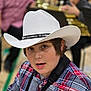 Elisha joined the competition — help win amazing prizes! child, boy, cowboy_hat, plaid_shirt, portrait, face, indoor, people, expression, casual_clothing, young, person, hat, childhood, fashion, closeup, child_in_focus, background_blur, seated, candid