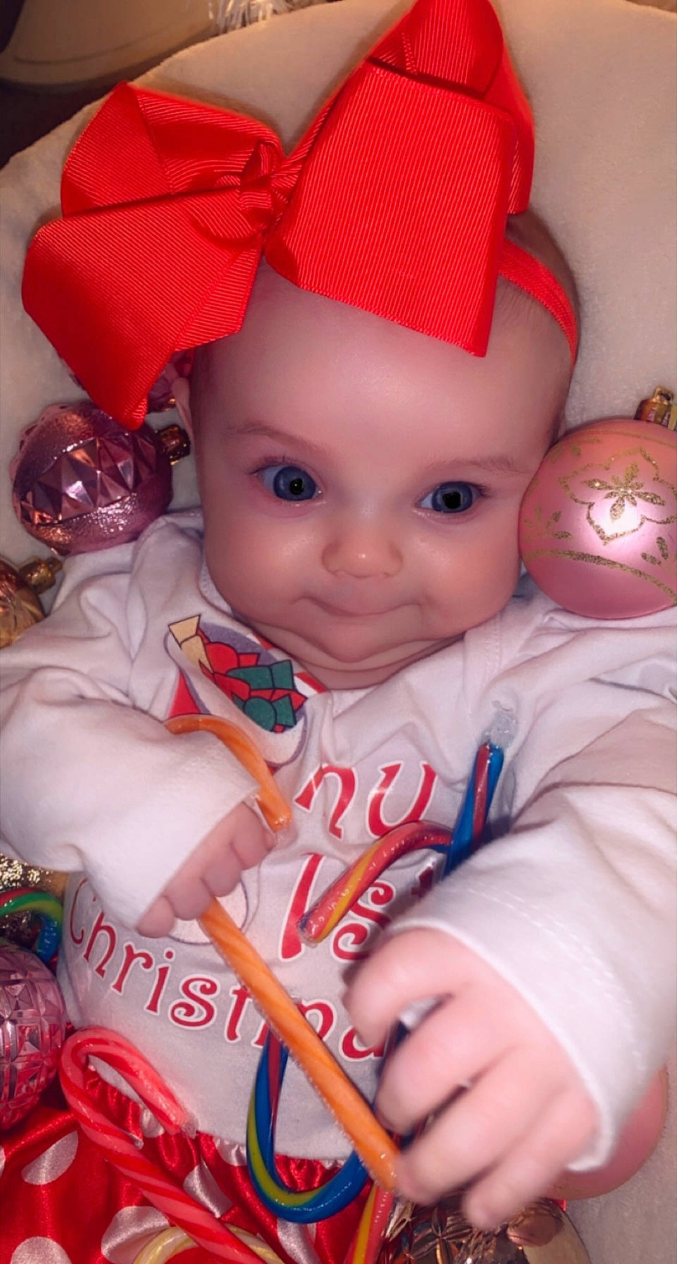 Kinsley joined the competition — help win amazing prizes! baby, baby_products, baby_toddler_clothing, baby_toys, bonnet, cheek, child, christmas, costume_accessory, costume_hat, doll, eye, headwear, lip, mouth, peach, person, red, skin, toddler