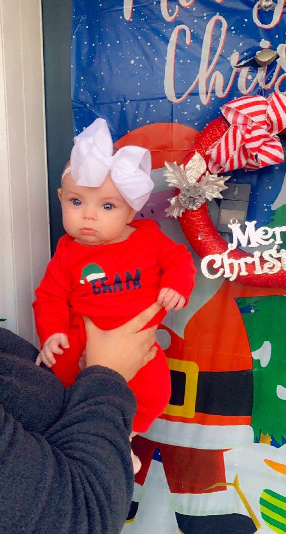Kinsley joined the competition — help win amazing prizes! baby, baby_products, baby_toddler_clothing, bonnet, child, christmas, costume, costume_accessory, costume_hat, fictional_character, headpiece, headwear, overall, party_supply, person, sock, toddler
