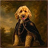 dog, golden_dog, portrait, costume, cape, ornate_clothing, royal, military_style, fluffy, curly_fur, golden_fur, sitting, front_facing, open_mouth, tongue, outdoor, landscape, forest, dramatic_lighting, digital_art