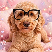 Georgie is registered to the contest to win money with this photo: dog, pet, curly_fur, glasses, portrait, close_up, sitting, lying_down, brown_fur, fluffy, adorable, cute, pink_blanket, hearts, flowers, sparkles, pastel_background, studio_lighting, front_facing, animal