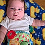 baby, infant, child, white_onesie, colorful_blanket, toy, teether, frog_toy, patterned_blanket, ducks, cute, face, lying_down, soft_toys, indoor, closeup, portrait, chubby_cheeks, curious, bright_eyes