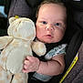Michael joined the competition — help win amazing prizes! baby, child, car_seat, plush_toy, giraffe, stuffed_animal, infant, cute, portrait, face, hand, clothing, seatbelt, sitting, young_child, soft_toy, indoors, closeup, expression, young