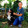 man, dog, bernese_mountain_dog, outdoor, greenery, fence, chicken, grass, leaves, tree, person, pet, animal, harness, casual_clothing, sneakers, nature, sunlight, kneeling, happy_dog