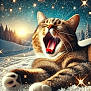 cat, tabby, snow, winter, yawning, paw, sunrise, stars, sparkle, outdoor, animal, nature, feline, whiskers, forest, sky, light, relaxing, closeup, peaceful