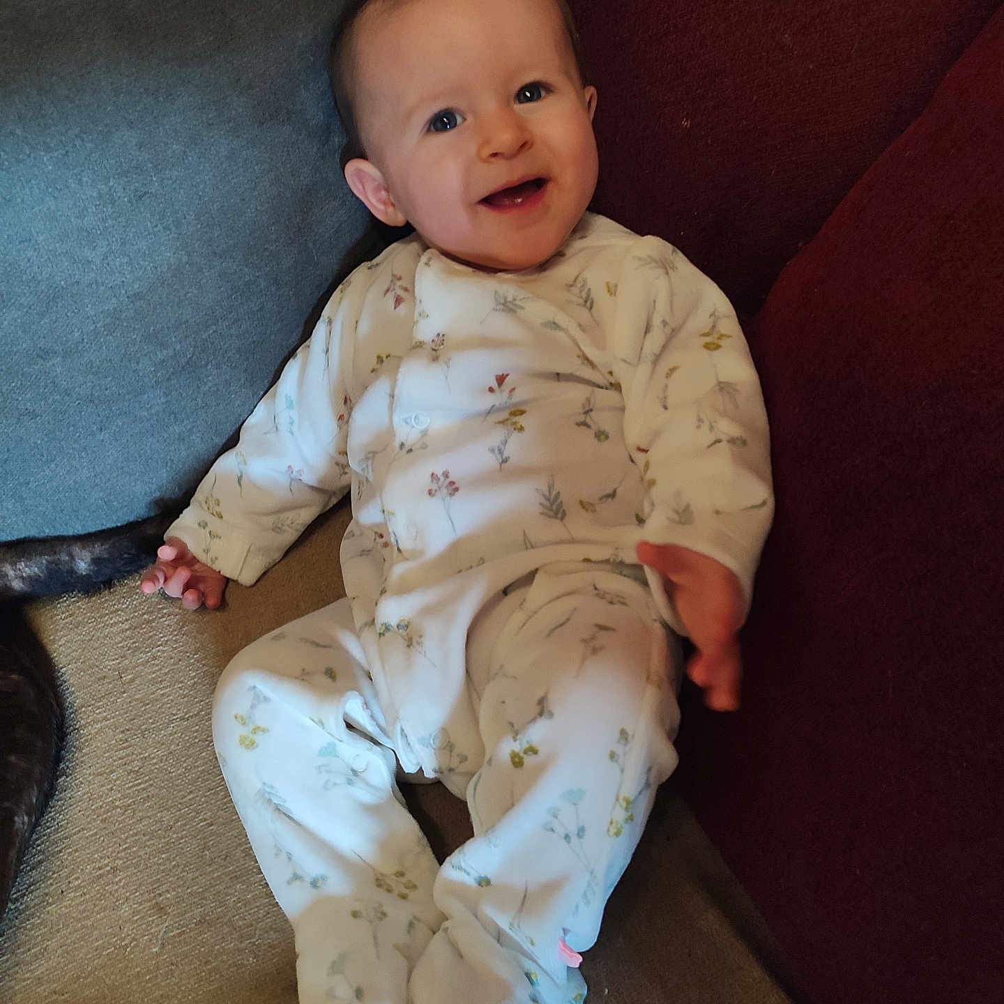 Ambre participe au concours pour gagner de l'argent avec cette photo : baby, bodypart, clothing, couch, face, finger, formalwear, furniture, hand, happy, head, laughing, newborn, pajamas, pants, person, photography, portrait, suit