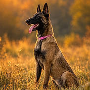 Una a rejoint le concours — aidez-le/la à gagner de superbes lots ! dog, belgian_malinois, canine, pet, sitting, outdoors, meadow, grass, sunset, golden_hour, portrait, profile, pointed_ears, open_mouth, panting, pink_collar, brown_fur, black_mask, nature, bokeh