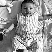 Elyes participe au concours pour gagner de l'argent avec cette photo : baby, bed, blanket, buttons, cozy, cute, eyes, feet, hands, infant, lying_down, monochrome, nursery, onesie, pillow, plush_toy, portrait, smiling, soft_texture, striped_clothing