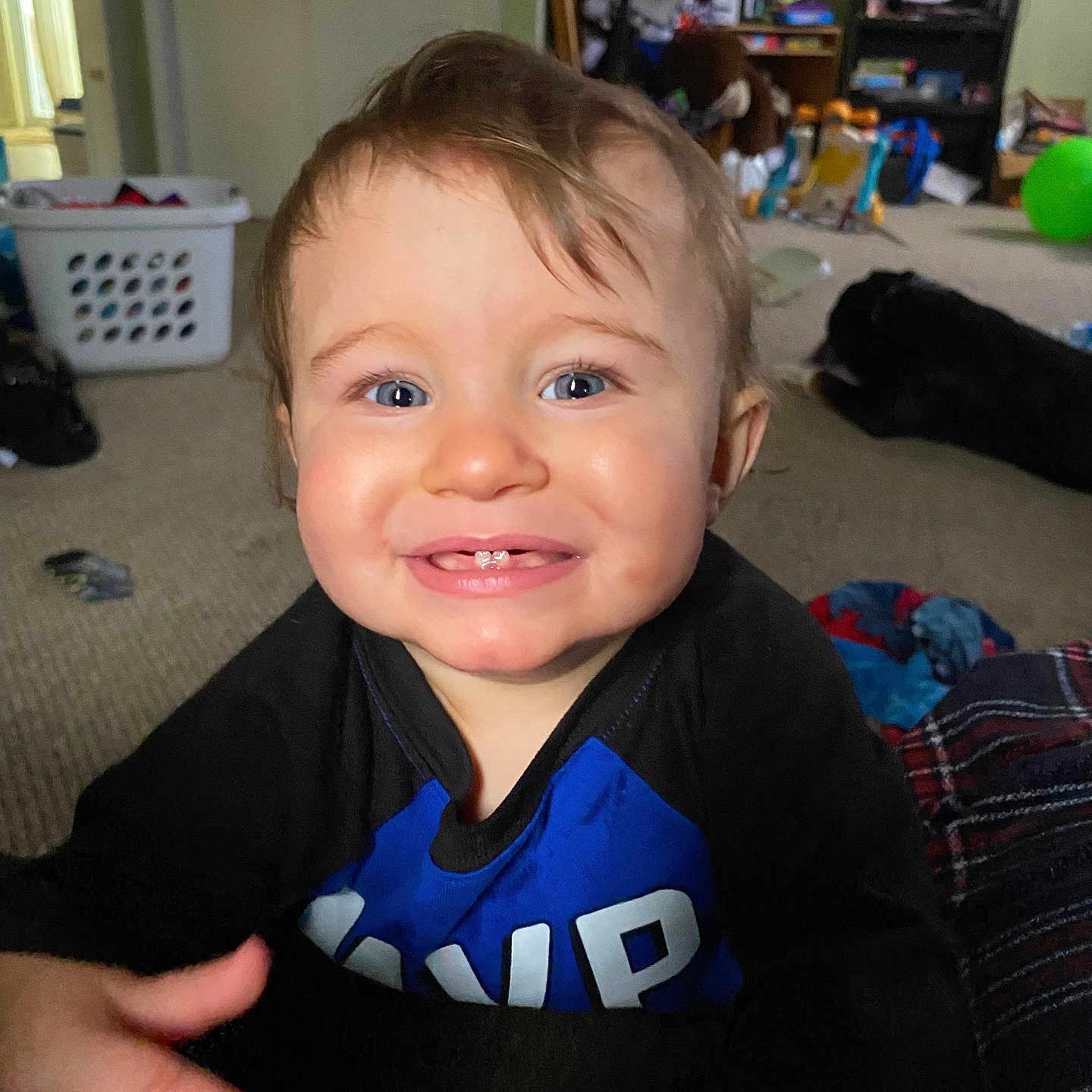 Gaige joined the competition — help win amazing prizes! animal, baby, bodypart, canine, clothing, dog, face, finger, hand, happy, head, mouth, pants, person, pet, photography, portrait, smile, t_shirt, teeth