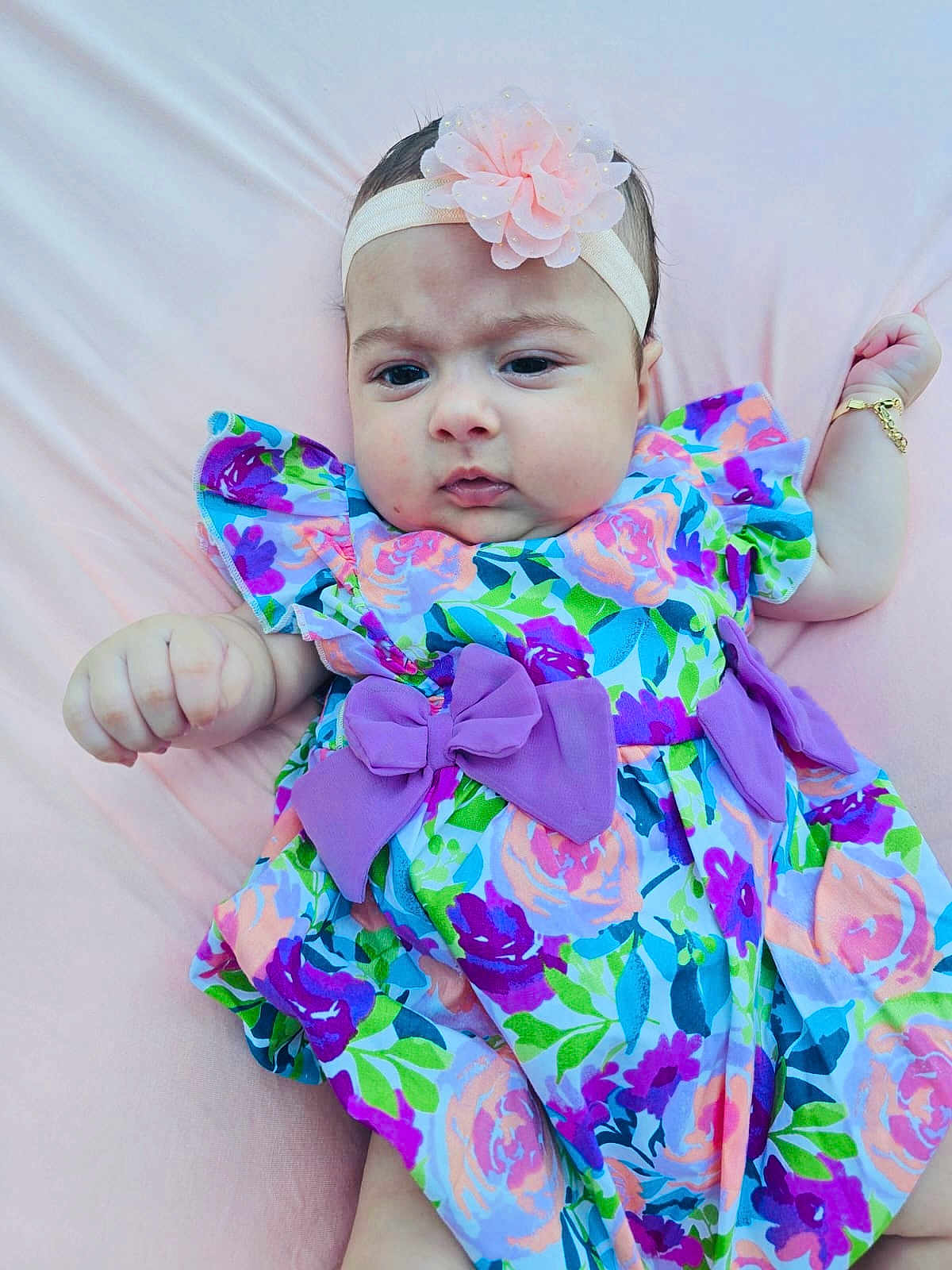 Zamira joined the competition — help win amazing prizes! baby, infant, child, dress, floral_pattern, bow, headband, flower, pink, purple, blue, green, lying_down, blanket, cute, portrait, person, skin, hand, fashion