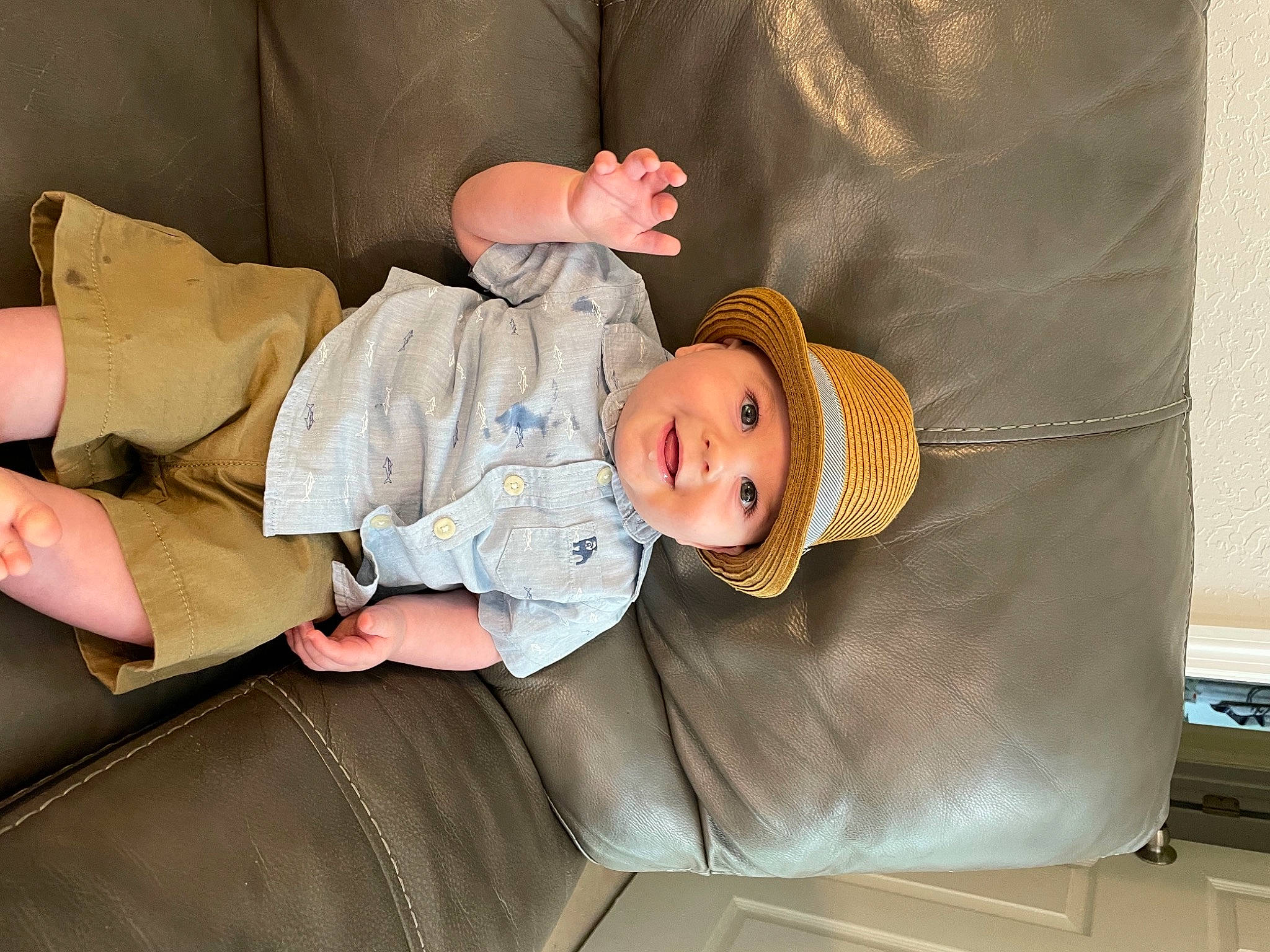 Hendrix joined the competition — help win amazing prizes! baby, baby_products, baby_toddler_clothing, child, comfort, couch, fun, hat, headwear, human_leg, joy, knee, lap, linens, person, room, sitting, skin, smile, sock