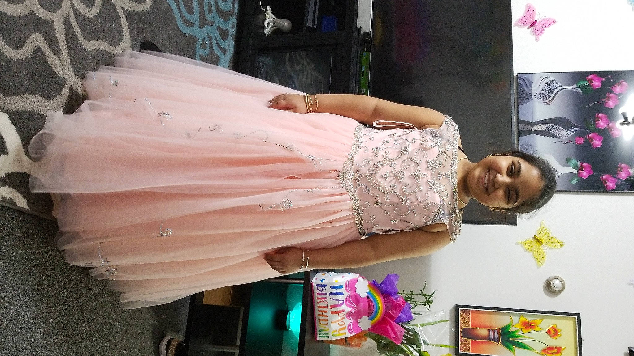 Saffiyah is registered to the contest to win money with this photo: bridal_accessory, bridal_clothing, bridal_party_dress, bride, dress, embellishment, event, fashion_design, formal_wear, gown, happy, joy, magenta, peach, person, photograph, pink, plant, smile, textile