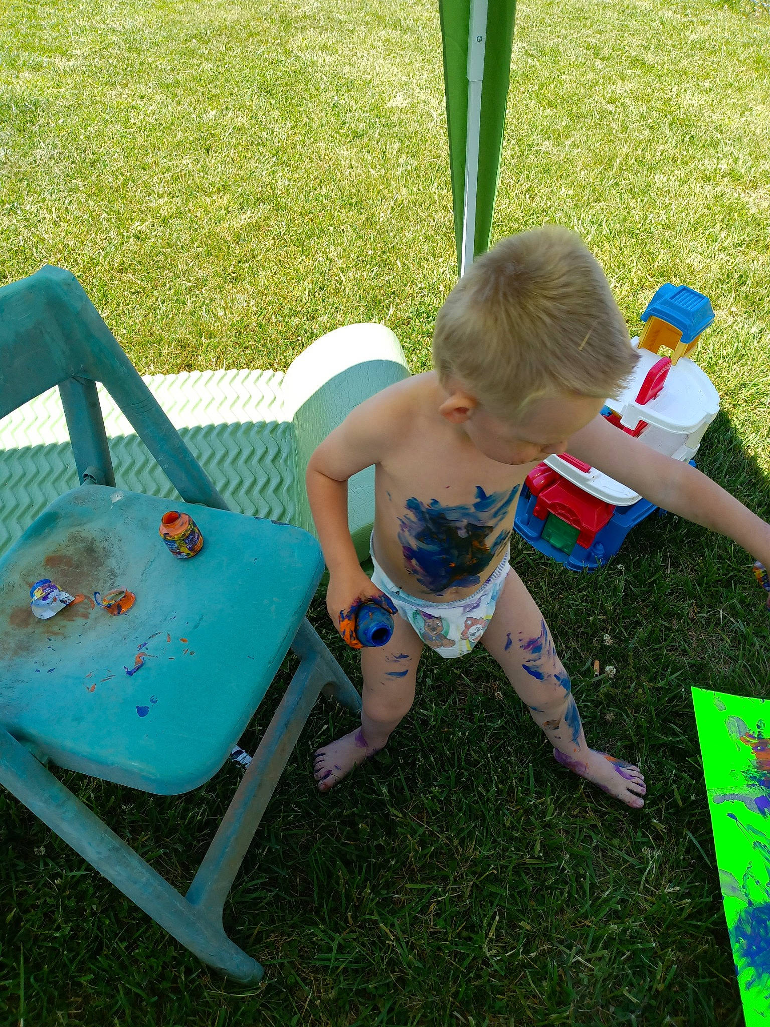 William is registered to the contest to win money with this photo: baby, backyard, barefoot, chair, child, folding_chair, fun, grass, grass_family, green, lawn, leisure, outdoor_furniture, people_in_nature, person, recreation, sitting, summer, swimwear, toddler