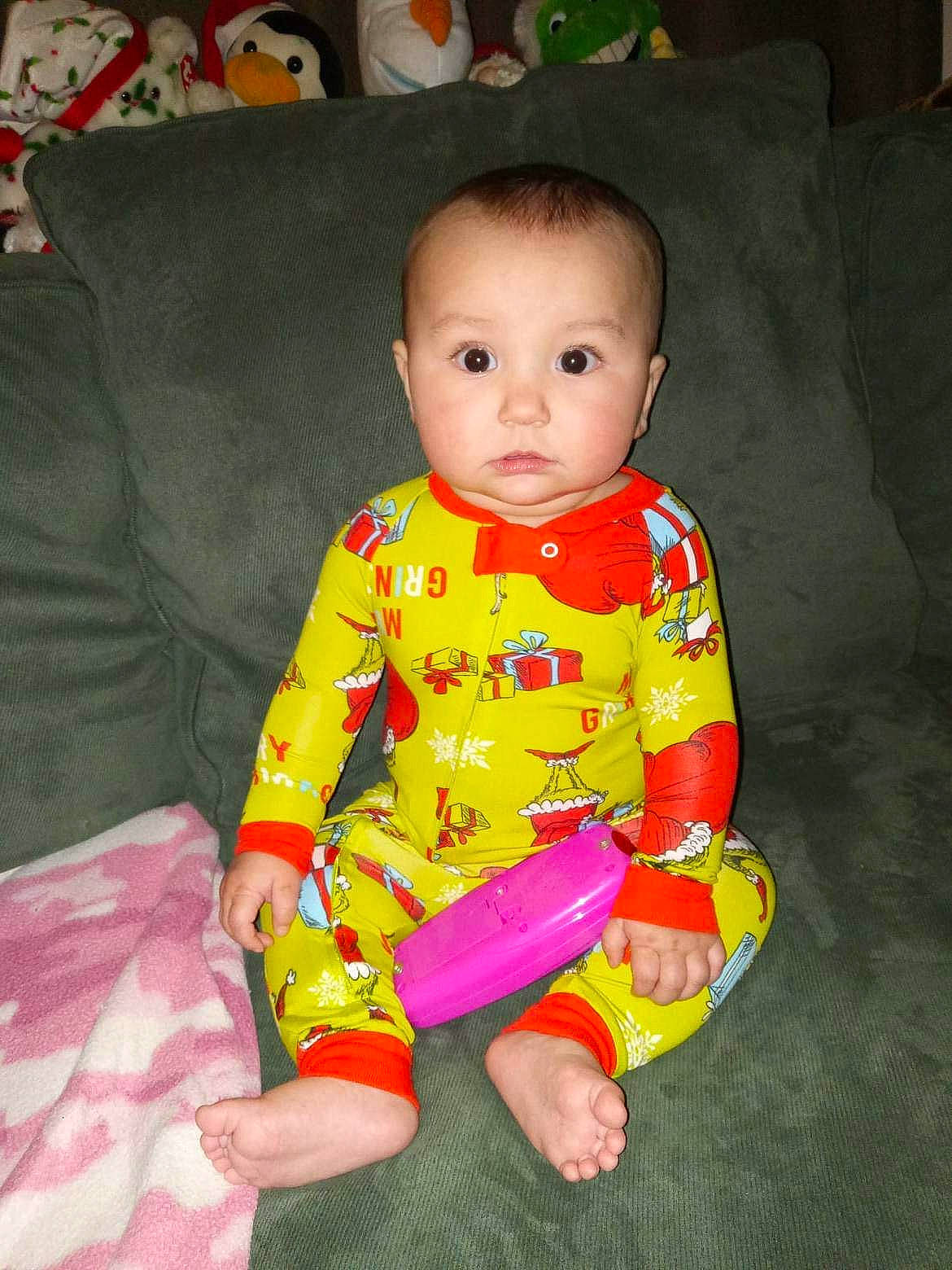 Willow joined the competition — help win amazing prizes! baby, baby_toddler_clothing, cheek, child, chin, comfort, couch, dress, eye, face, flooring, head, human_body, magenta, person, pink, sitting, skin, sleeve, t_shirt