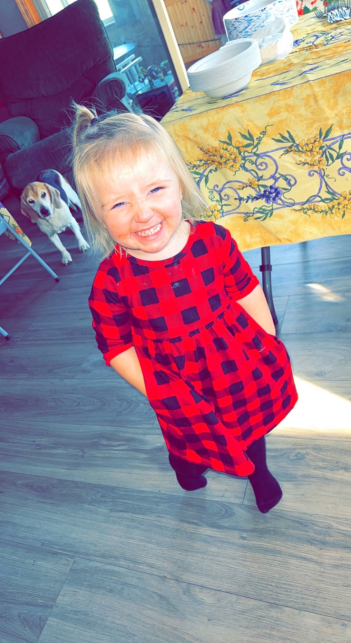 Paisley is registered to the contest to win money with this photo: azure, blond, carpet, child, costume, electric_blue, fashion_design, flooring, formal_wear, fun, hair, hairstyle, happy, joy, leisure, pattern, person, plaid, sitting, sleeve