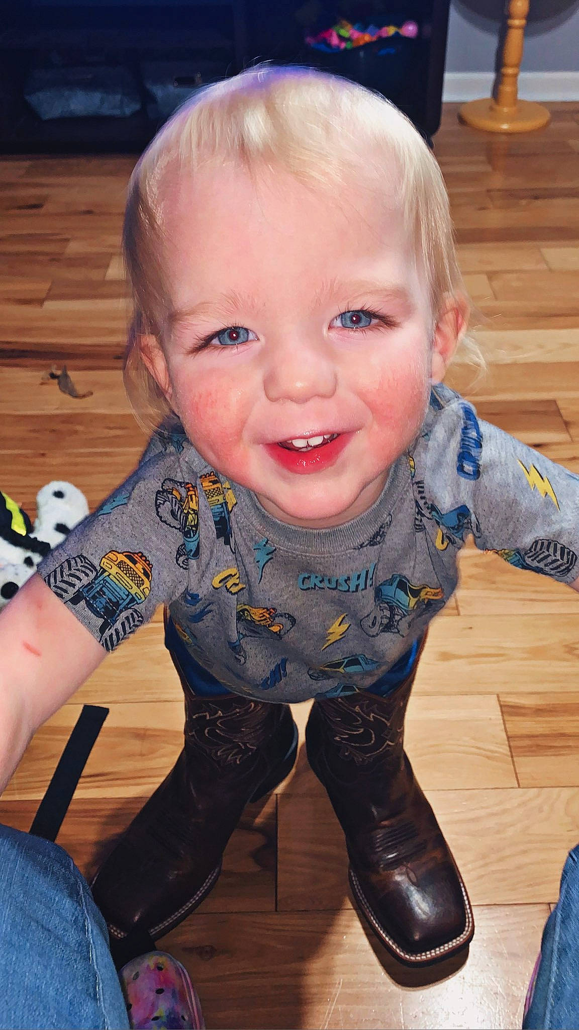 Waylin joined the competition — help win amazing prizes! arm, baby_toddler_clothing, cheek, child, finger, floor, flooring, happy, hardwood, human_body, iris, leg, mouth, nose, person, sitting, skin, sleeve, smile, toddler