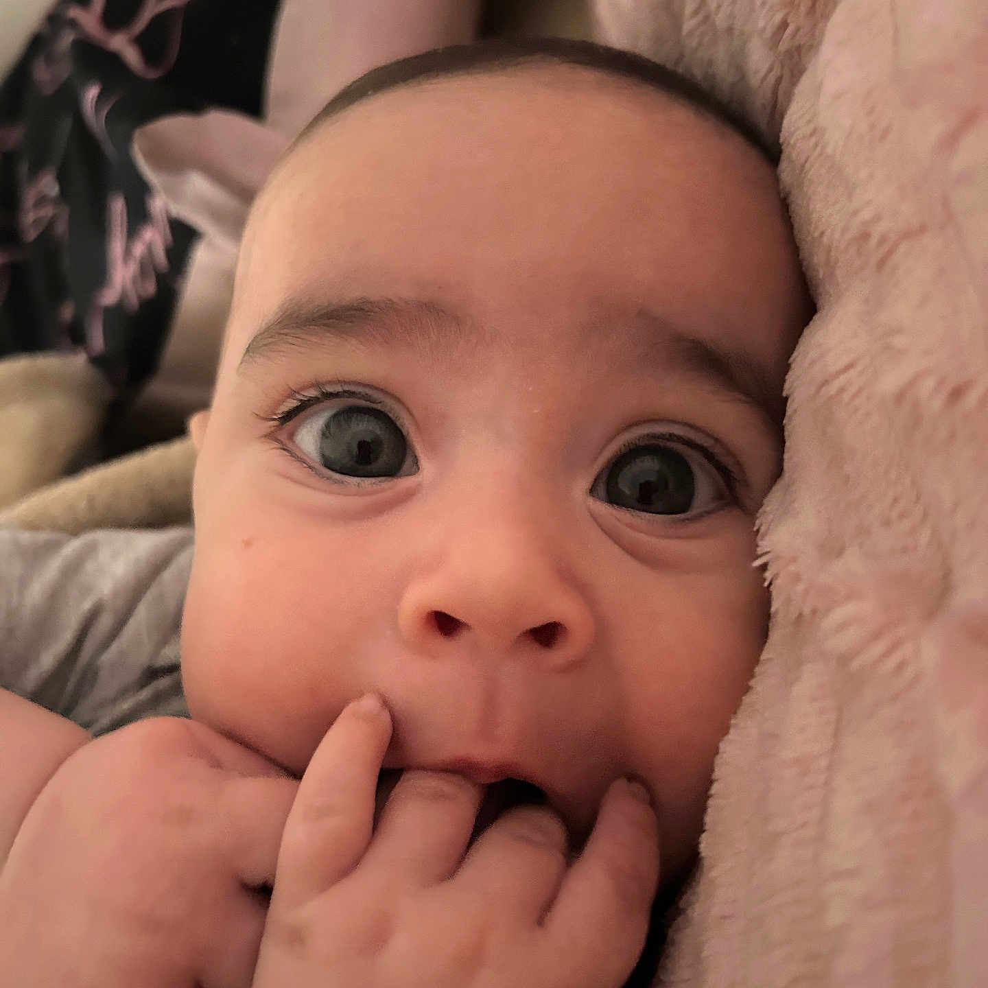 Rory is registered to the contest to win money with this photo: baby, blanket, child, closeup, comfort, curious, cute, expression, eyes, face, fingers, hand, indoors, infant, person, portrait, skin, sleeping_area, snuggle, soft