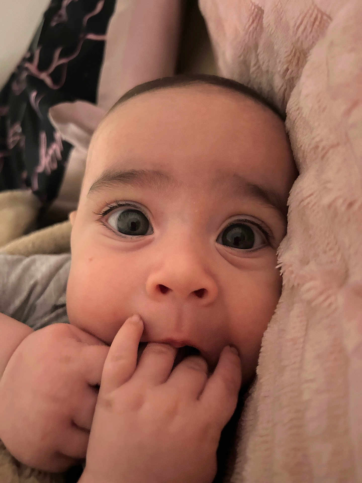 Rory is registered to the contest to win money with this photo: baby, infant, face, hand, fingers, blanket, expression, cute, closeup, skin, eyes, child, person, portrait, soft, indoors, sleeping_area, comfort, snuggle, curious