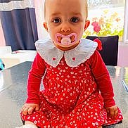 Zeylïnah participe au concours pour gagner de l'argent avec cette photo : toddler, child, pacifier, red_dress, floral_pattern, white_shoe, indoor, table, curtains, window, flowers, natural_light, sitting, cute, baby, long_sleeve, collar, face, hands, portrait