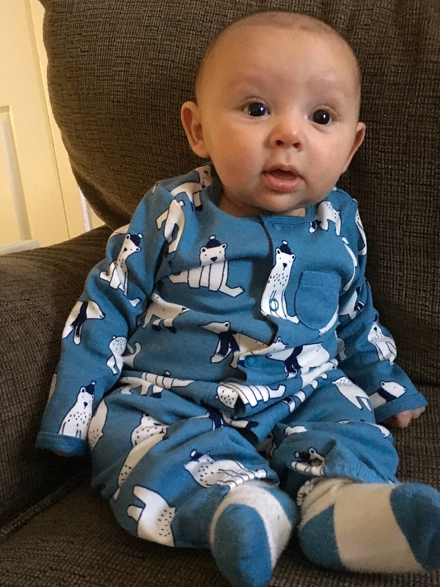 Lyle joined the competition — help win amazing prizes! blue, boy, child, day, infant, outerwear, person, product, sitting, smile, surprise, toddler