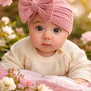 Aliya participe au concours pour gagner de l'argent avec cette photo : baby, infant, child, pink_bow, headband, sweater, flower, flowers, nature, outdoor, portrait, cute, innocent, closeup, soft_light, garden, blossom, spring, face, young