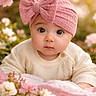 baby, infant, child, pink_bow, headband, sweater, flower, flowers, nature, outdoor, portrait, cute, innocent, closeup, soft_light, garden, blossom, spring, face, young