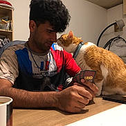 Diego a rejoint le concours — aidez-le/la à gagner de superbes lots ! man, cat, indoor, table, cards, uno, game, playing_cards, orange_cat, white_cat, casual_clothing, sitting, beaded_necklace, lamp, shelf, cup, wooden_table, friendly_interaction, pet, smiling