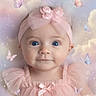 baby, child, blue_eyes, pink_dress, headband, bow, butterflies, clouds, portrait, cute, infant, soft_lighting, fantasy, whimsical, adorable, tulle, smile, face, closeup, cute_outfit
