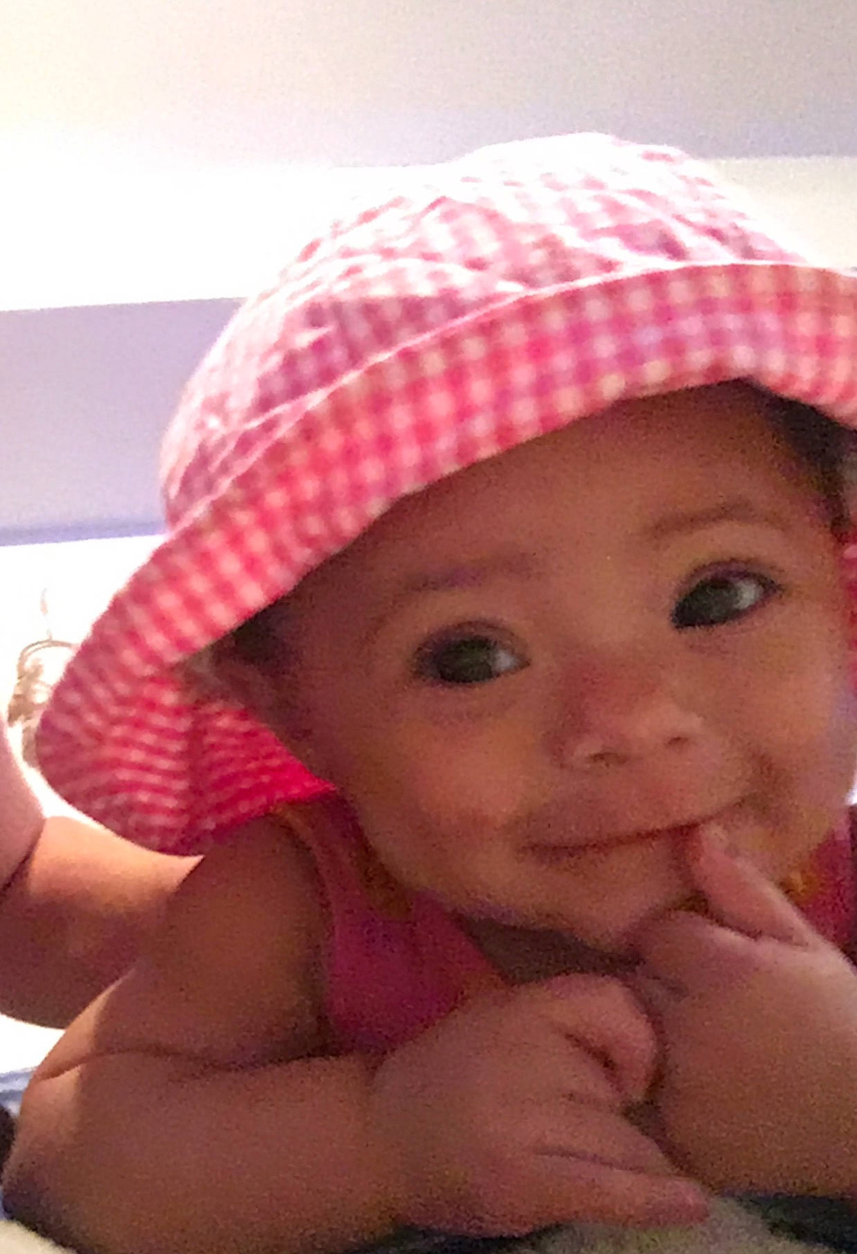 Alexandria joined the competition — help win amazing prizes! bonnet, cap, cheek, child, finger, girl, hat, head, headgear, headwear, human_hair_color, infant, lip, mouth, nose, person, pink, product, skin, sun_hat