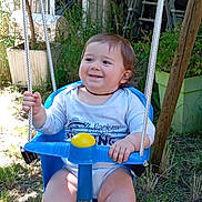 Mathias participe au concours pour gagner de l'argent avec cette photo : baby, child, swing, outdoor, grass, greenery, smile, happy, rope, blue, plastic, pot, plant, garden, sunlight, clothing, person, seat, playing, fun