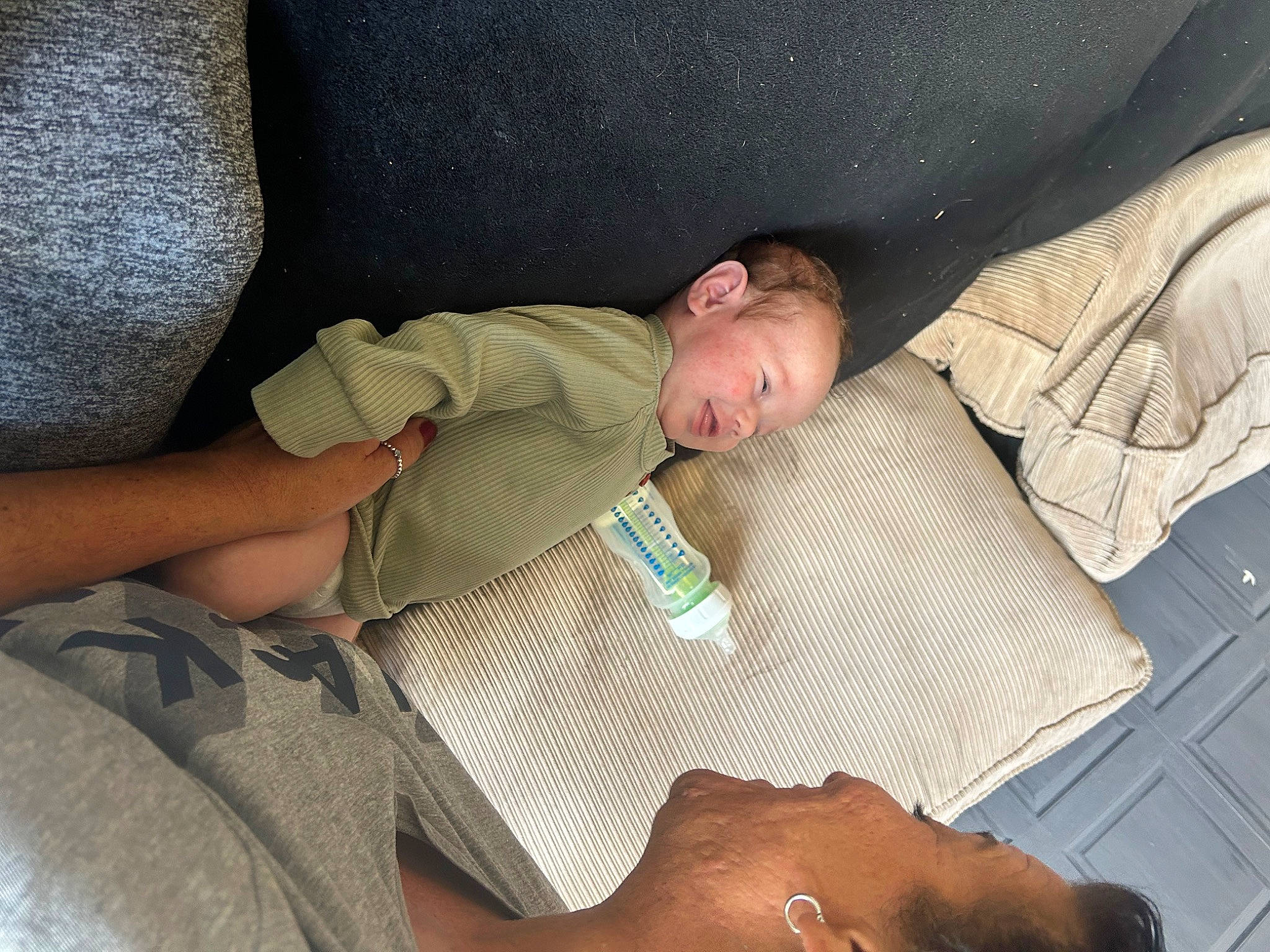 Nellie is registered to the contest to win money with this photo: bed, comfort, couch, finger, furniture, human_body, human_leg, joint, knee, lap, leg, linens, mammal, muscle, person, pillow, room, textile, thigh, thumb