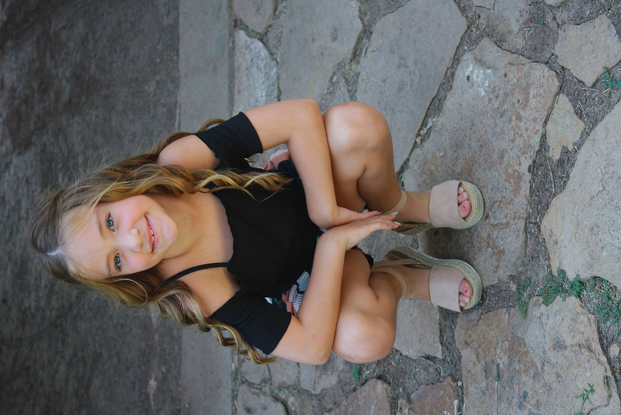 Brinlee joined the competition — help win amazing prizes! blond, brown_hair, concrete, eyewear, finger, flash_photography, foot, grass, human_leg, joint, joy, knee, leg, long_hair, person, road_surface, sandal, shoulder, smile, thigh