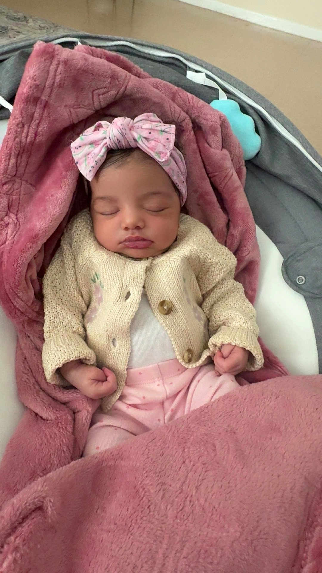 Milani joined the competition — help win amazing prizes! baby, sleeping, blanket, headband, pink, knitted_sweater, infant, cozy, cute, peaceful, indoors, soft_texture, child, clothing, comfort, resting, newborn, portrait, warm, wrapped