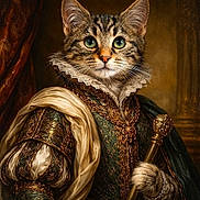 Elio participe au concours pour gagner de l'argent avec cette photo : cat, tabby, feline, portrait, regal, royal_costume, ruff_collar, scepter, ornate, gold, green_garment, fur, whiskers, green_eyes, painting, artwork, historic, luxury, indoor, formal_pose