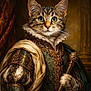 cat, tabby, feline, portrait, regal, royal_costume, ruff_collar, scepter, ornate, gold, green_garment, fur, whiskers, green_eyes, painting, artwork, historic, luxury, indoor, formal_pose