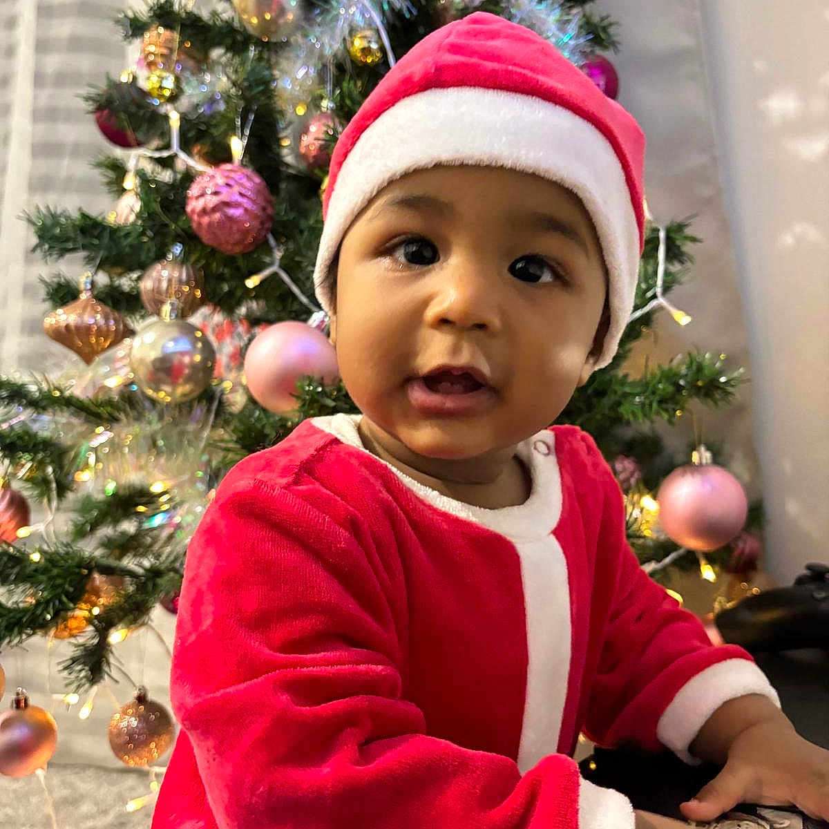 Naveen participe au concours pour gagner de l'argent avec cette photo : celebration, child, christmas, christmas_tree, cute, decorations, face, festive, happy, holiday, indoors, lights, ornaments, portrait, red_clothing, santa_hat, seasonal, smiling, toddler, young