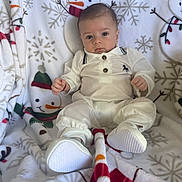 Alexander joined the competition — help win amazing prizes! baby, blanket, child, comfortable, cozy, curious_expression, cute, festive, footwear, indoor, infant, pattern, portrait, sitting, small_hands, snowman, soft_texture, warm, white_clothing, winter_theme