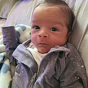 Damian is registered to the contest to win money with this photo: baby, infant, face, eyes, clothing, jacket, blanket, purple, stars, zipper, person, newborn, expression, cute, lying_down, indoors, soft, warm, head, skin