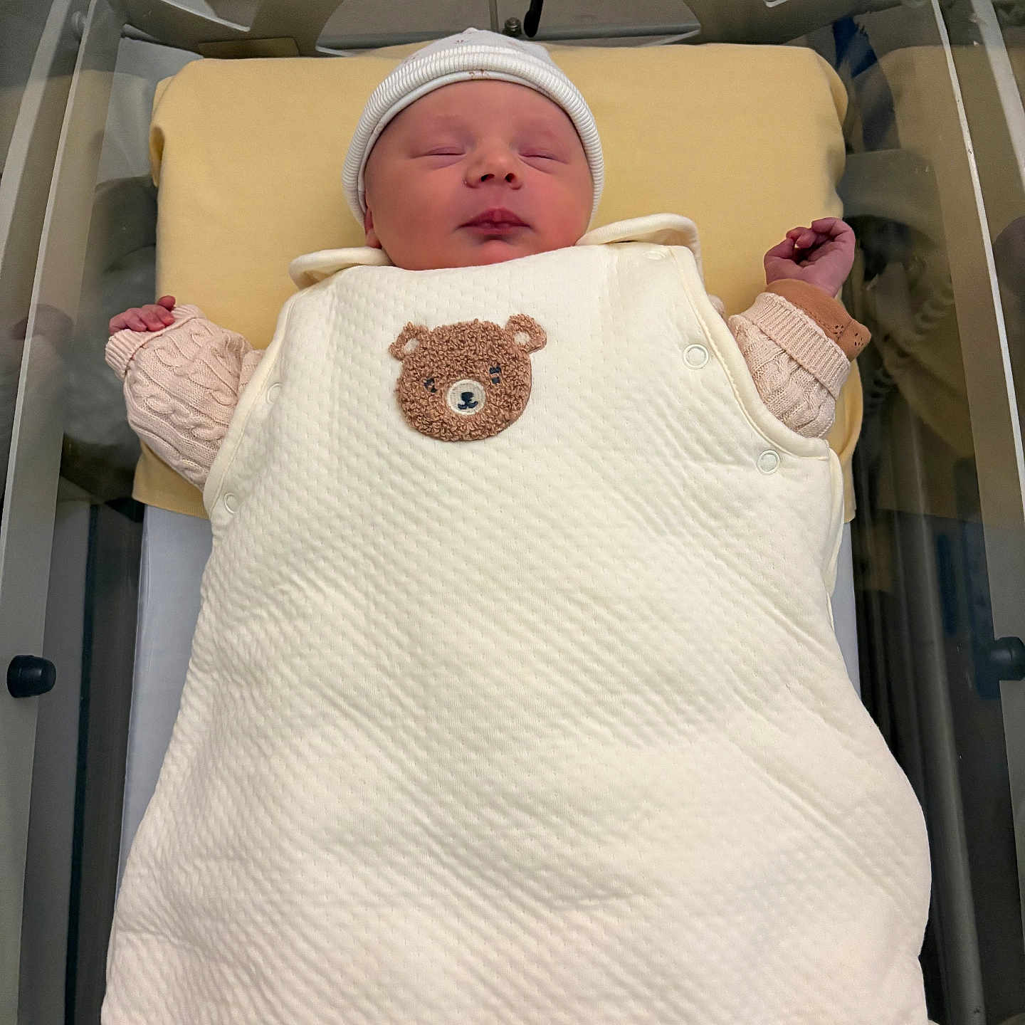 Andréa a rejoint le concours — aidez-le/la à gagner de superbes lots ! baby, bassinet, blanket, clothing, cute, hat, hospital, indoors, infant, newborn, newborn_baby, peaceful, person, pink_sweater, resting, sleeping, soft, swaddled, teddy_bear, white