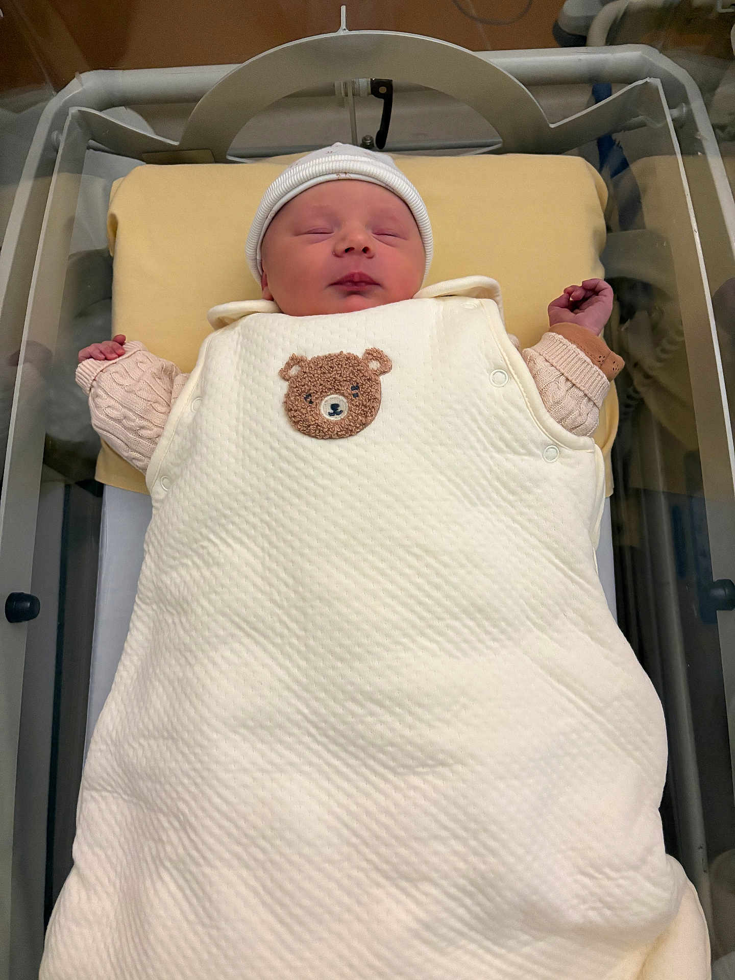 Andréa a rejoint le concours — aidez-le/la à gagner de superbes lots ! newborn, baby, sleeping, bassinet, hospital, blanket, white, hat, cute, teddy_bear, clothing, infant, peaceful, resting, swaddled, pink_sweater, soft, indoors, person, newborn_baby