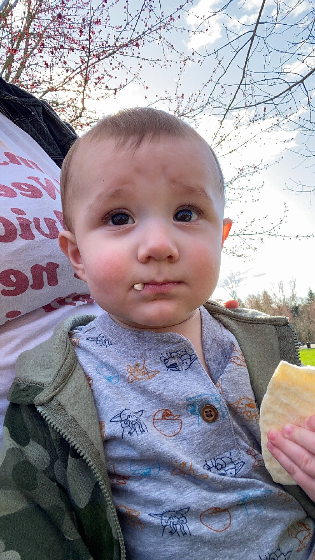 Marcus joined the competition — help win amazing prizes! baby, baby_toddler_clothing, blond, cheek, child, eye, fruit, grass, happy, head, nose, outerwear, people_in_nature, person, plant, skin, sky, sleeve, toddler, tree