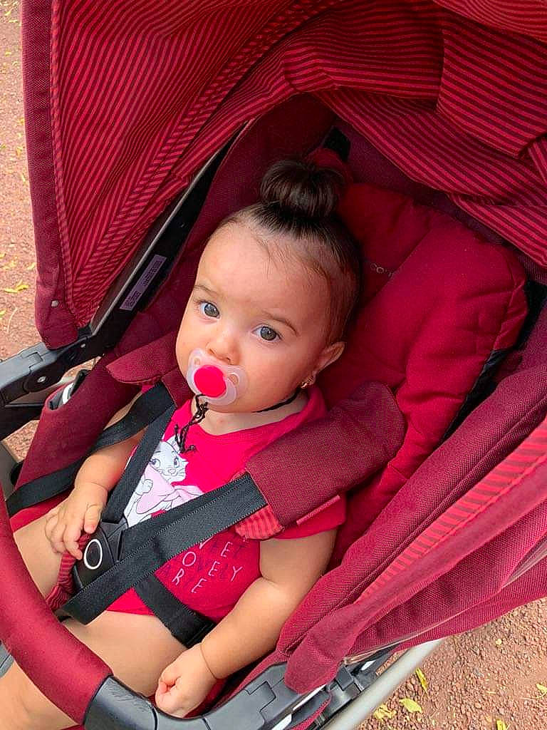 Maéline participe au concours pour gagner de l'argent avec cette photo : baby, baby_carriage, baby_carrier, baby_in_car_seat, baby_products, car_seat, cheek, child, eye, lip, magenta, person, pink, plant, product, red, skin, smile, toddler