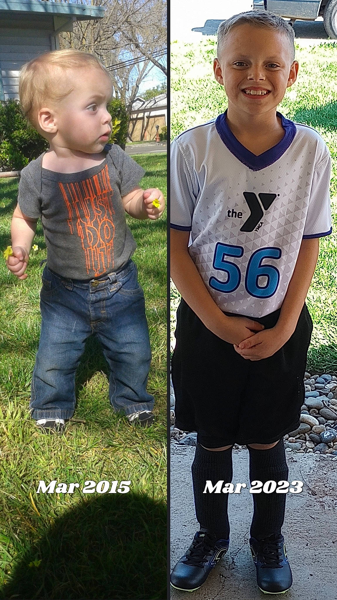 Kevin joined the competition — help win amazing prizes! baby_toddler_clothing, child, denim, gesture, grass, hair, hairstyle, happy, head, jersey, joy, outerwear, people_in_nature, person, plant, sleeve, smile, sportswear, standing, t_shirt