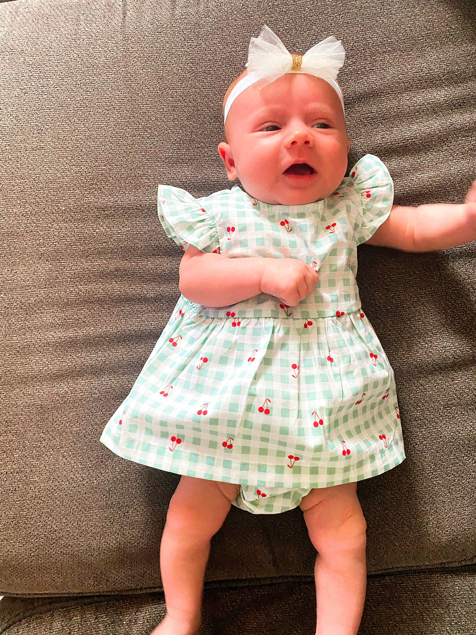 Myah joined the competition — help win amazing prizes! baby, baby_toddler_clothing, cheek, child, day_dress, dress, face, finger, happy, human_leg, magenta, one_piece_garment, pattern, person, pink, skin, sleeve, textile, toddler, vintage_clothing