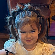 Kataleya joined the competition — help win amazing prizes! child, girl, smile, ponytails, hair, lace, dress, indoor, furniture, chair, wooden_floor, portrait, cute, happy, person, face, young, childhood, playful, fun