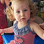 toddler, child, curly_hair, blue_eyes, striped_swimsuit, red_and_white, navy_blue, ruffles, indoor, table, hand, person, face, sitting, cute, curious, skin, blonde_hair, baby, portrait
