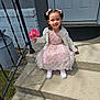 Juliette is registered to the contest to win money with this photo: child, girl, dress, flower, steps, concrete, cardigan, smile, pigtails, ribbons, shoes, outdoor, door, railing, shadow, sunlight, happy, portrait, person, casual